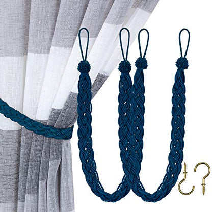 Home Queen Hand Braided Curtain Tie Back, Buckle Holdback Drapery Curtain Tiebacks, 2 Rope Belt Curtain Tie with 2 Metal Hooks, Navy - color: Navy, size: 2 Pack