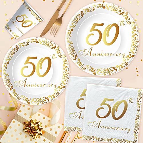 APOWBLS 50th Anniversary Decorations And Supplies Tableware Gold, Serves 24