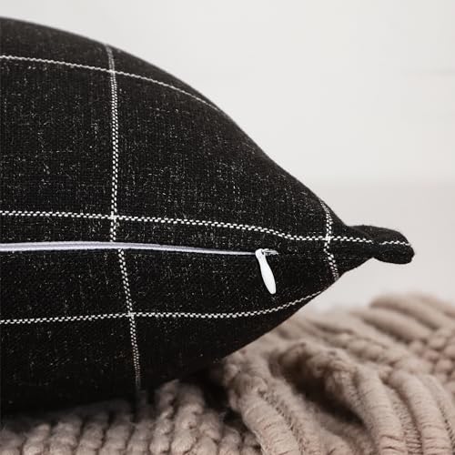 Pure Linen Plaid Throw Pillow Covers 12x20, Set of 2, Black - color: Black, size: 12x20inch