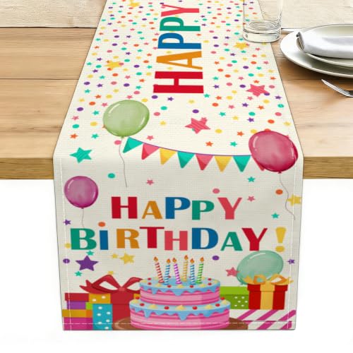 Happy Birthday Colorful Balloons Stars Table Runner, Birthday Decorations - color: Happy Birthday
