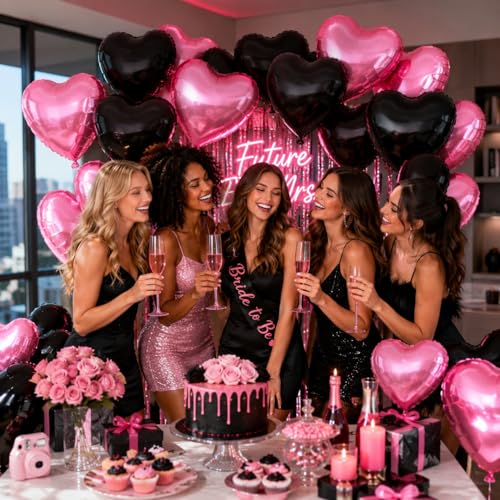 Pink Black Heart Foil Balloons,12Pcs 18Inch Heart Shaped Balloons - color: Black Pink