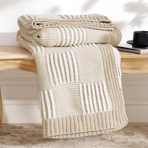 Amélie Home Checkered Chenille Knit Throw Blanket for Bed, Beige 60"x80" - color: Checkered Beige, size: 60" X 80"
