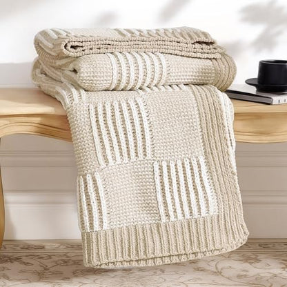 Amélie Home Checkered Chenille Knit Throw Blanket for Bed, Beige 60"x80" - color: Checkered Beige, size: 60" X 80"