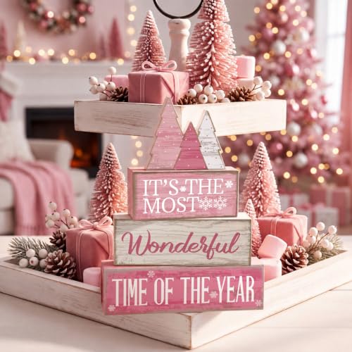 Moucuny 4 Pcs Christmas Table Decoration Wooden Pink Wooden Christmas Tree - style: It’s the Most Wonderful Time of the Year