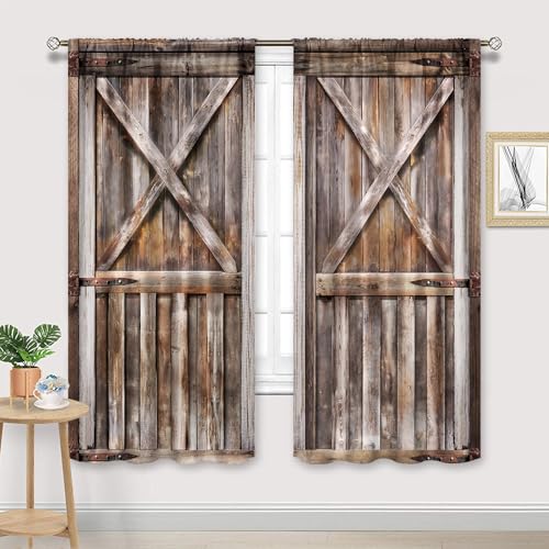 Rustic Barn Door Brown Wooden Farmhouse Living Room Bedroom Window Curtains - color: E-brown, size: 42"W x 63"L (Pack of 2)