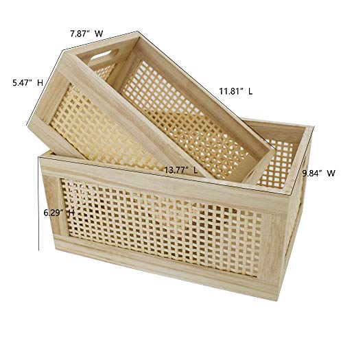 Rattan Woven Wooden Storage Basket Set of 2, Square‑corner Rectangular - size: Rectangle B - 2-Piece Set