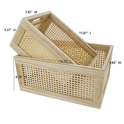 Rattan Woven Wooden Storage Basket Set of 2, Square‑corner Rectangular - size: Rectangle B - 2-Piece Set