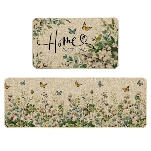 Artoid Mode Cotton Plant Leaf Butterfly Home Spring Kitchen Mats Set of 2, Home Decor Low-Profile Kitchen Rugs for Floor - 17x29 and 17x47 Inch