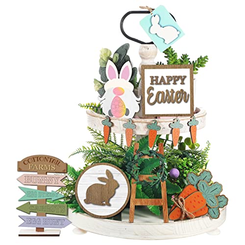 Patelai 12 Pcs Easter Tiered Tray Decor Farmhouse Easter Wood Table Decor Rustic Bunny Rabbits Carrot Gnome Egg Sign Decorative Spring Table Centerpieces for Home Indoor Kitchen - style: Easter