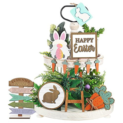 Patelai 12 Pcs Easter Tiered Tray Decor Farmhouse Easter Wood Table Decor Rustic Bunny Rabbits Carrot Gnome Egg Sign Decorative Spring Table Centerpieces for Home Indoor Kitchen - style: Easter