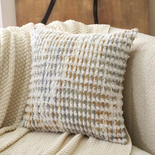 Aeckself Boho Chenille Tufted Pillow Cover 18 x 18 Inch, Decorative Square Throw Pillow Cover Neutral Pillowcase for Couch Bedroom Living Room, Yellow White - color: Yellow White, size: 18" x 18" (Pack of 1)
