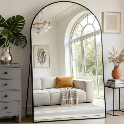 Prywot Full Length Mirror, Oversized 90"x46" Arched-Top Floor Mirror, Black - color: Black, size: 90"L x 46"W