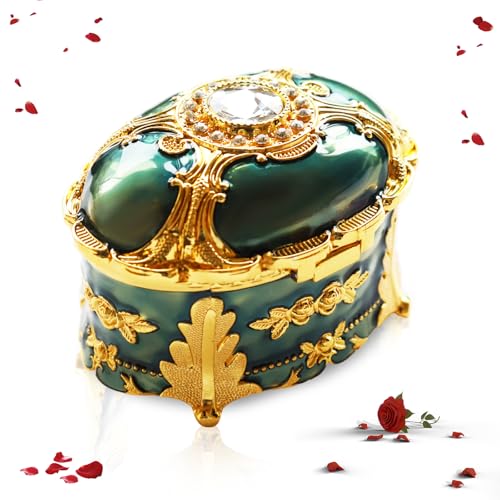 Vintage Enamel Oval Emerald Green Jewelry Box, Metal Trinket - color: Emerald Green