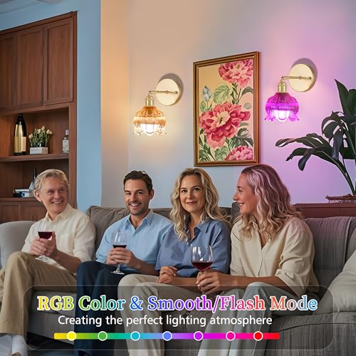 Battery Operated Wall Sconces Set of 2, Amber Tulip Glass Wall Lights | Rechargeable flower wall lamps with remote control, 15 colors, 10-level dimming and timer for bedroom and living room - color: Amber