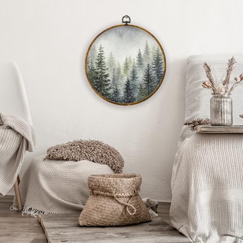 XPH Rustic Christmas Forest Tree Round Wall Art Framed, Farmhouse Winter Pine Tree Landscape Circle Wall Decor, Cozy Winter Hanging Canvas Prints for Home Bedroom Living Room Decoration, 10x10 Inch - color: Christmas 11