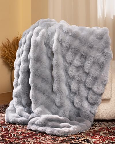 Ultra Soft Cozy Faux Fur Throw Blanket, Fuzzy Plush Thick Bubble Blanket, Oversize Luxury Fluffy Blanket for Couch, Bed, and Living Room, 60x80 Inches, Light Grey - color: Bubble Light Grey, size: Twin(60" X 80")