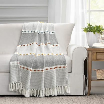 Lush Decor Herringbone Stripe Woven Tassel Yarn Dyed Cotton Throw Blanket 50" W x 60" L Black & Multi - Striped Throw Blankets - Black Couch Blanket - color: Black & Multi