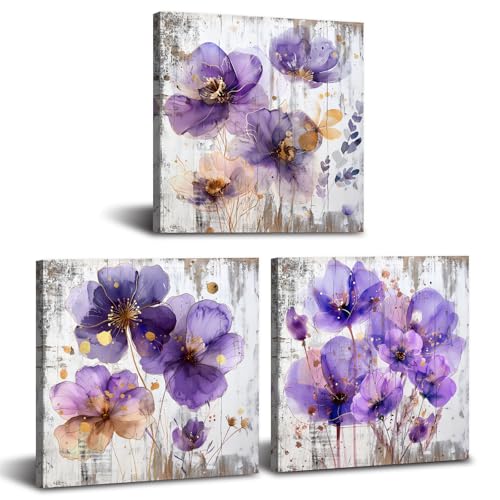 Purple Flower Wall Art Floral Purple Wall Decor for Bathroom 12x12" 3Pcs - color: Purple Flower, size: 12 x 12 in