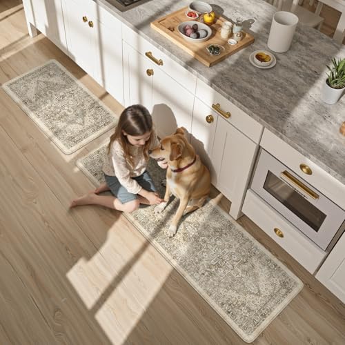 KIMODE Anti Fatigue Kitchen Mats 17"x59"+17"x29",Boho Kitchen Rugs Set of 2 - color: Khaki/Multi, size: 59"L x 17.3"W x 0.47"Th + 29"L x 17.3"W x 0.47"Th