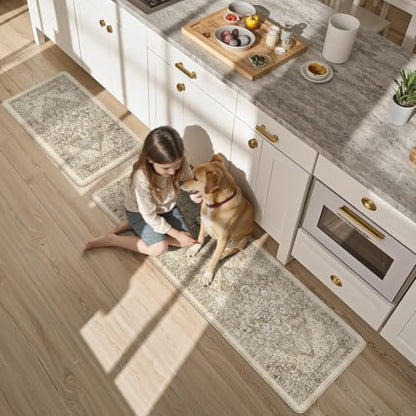 KIMODE Anti Fatigue Kitchen Mats 17"x59"+17"x29",Boho Kitchen Rugs Set of 2 - color: Khaki/Multi, size: 59"L x 17.3"W x 0.47"Th + 29"L x 17.3"W x 0.47"Th