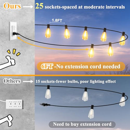 Brightever 50FT Outdoor String Lights 27 Bulbs, 2200K Amber Lights - color: Black Wire Amber White, size: 50FT