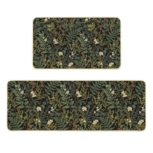 Green Rug,Plant Leaf Kitchen Mats for Floor,Botanical Print Kitchen Rug Set of 2 Washable Floor Mats Rubber Rugs Runner Standing Mat Non Slip Rugs Runners for Sink,Dishwasher,Desk,17x29+17x47 inch - color: Green