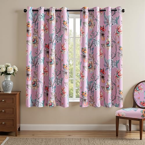 MYSKY HOME Floral Blackout Curtains 63 Inch Long Bedroom Black Out Thermal Insulated Privacy Protect Curtain Flower Patterned Fancy Cottage Core Grommet Drapes for Girls Room Nursery, Pack-2, Pink - color: Pink, size: 52"W x 63"L (Pack of 2)