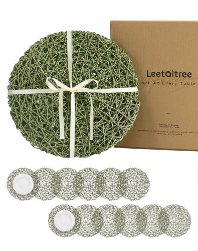 Round Bohemian Woven Paper Placemats Set of 12, Green - color: Green, size: Set of 12