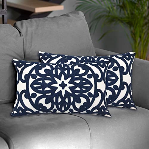 Alysheer Boho Embroidered Lumbar Throw Pillow Cover 12"x 20" Set of 2 Navy - color: Navy, size: 20" x 12" (Pack of 2)