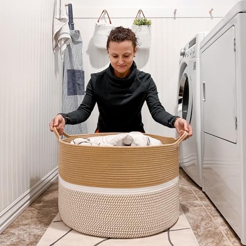 CHICVITA XXL Cotton Rope Woven Blanket Basket with Handles, Brown & White - color: Brown and White