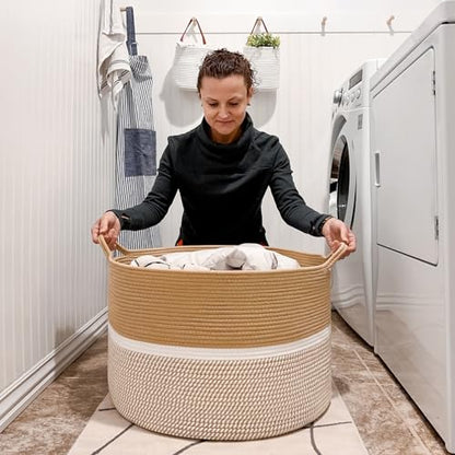 CHICVITA XXL Cotton Rope Woven Blanket Basket with Handles, Brown & White - color: Brown and White