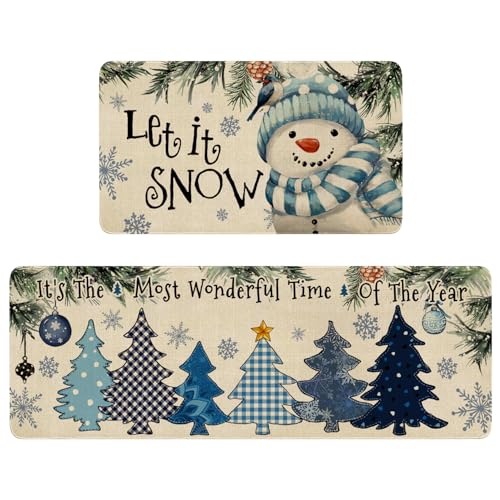 Winter Kitchen Rugs and Mats Set of 2,Let It Snow Snowman Blue Christmas Pine Trees Balls Ornament Snowflakes Winter Holiday Sink Mat Non Skid Washable for Home Farmhouse Floor Decor 17"x48"+17"x30" - color: 2026 Christmas Kitchen Mat 2
