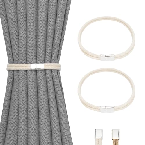 NICEEC 2 Pack Natural Cotton Rope Curtain Tiebacks Elegant Boho Style Magnetic Drape Tie Backs Soft Hand-Woven Rope Curtain Holdbacks for Home & Office Drapery (Double Rope-Cotton) - color: Double Rope-cotton, size: 2 Pack