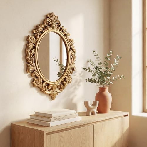 Vintage Oval Wall Mirror, Baroque Carved Frame, 22 x 15.8 Inch - color: Oval C
