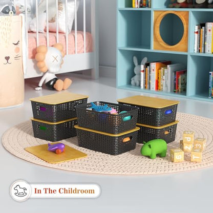 Ohmlove 6 Pack Plastic Storage Baskets with Bamboo Lids for Organization - color: Black