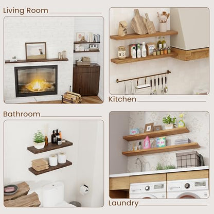 Floating Shelves for Wall, 8" Deep Elm Wood Shelves, 32in Set of 2, Natural - color: Natural, size: Flat Edge, 32inch, 2Packs