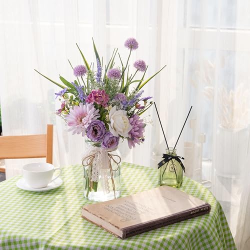 Artificial Faux Flowers in Vase-Fake Purple Transvaal Daisy and Dandelion - color: Purple & White
