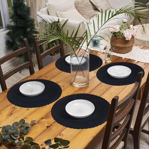 SHACOS Round Placemats Set of 6 Woven Round Table Mats 15 inch Braided Border Washable Cotton Polyester Circle Place Mats, Black - color: Black, size: 6 pieces