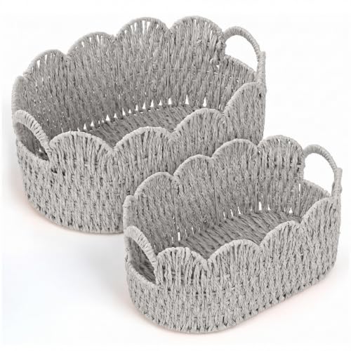 Endymion Set of 2 Paper Rope Scalloped Basket, Wicker Storage Baskets - color: Grey