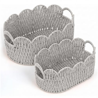 Endymion Set of 2 Paper Rope Scalloped Basket, Wicker Storage Baskets - color: Grey