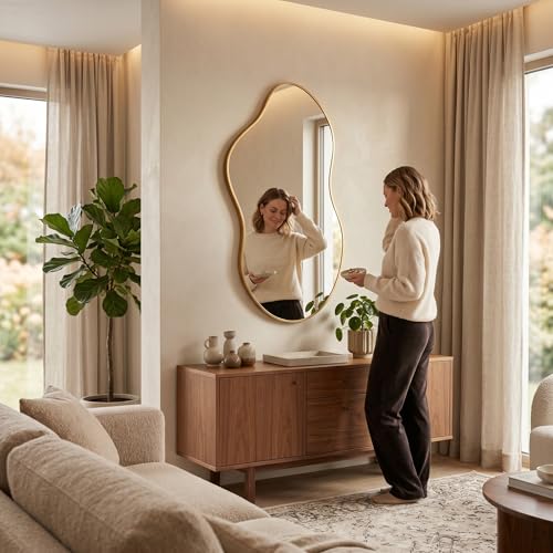 Irregular Asymmetrical Wall Mirror 26x48" with Modern Aluminum Alloy Frame - color: Gold, size: 26"L x 48"W