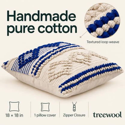 TreeWool 100% Cotton Woven Throw Pillow Cover (Pack of 1, 18" x 18", Blue) - color: Blue