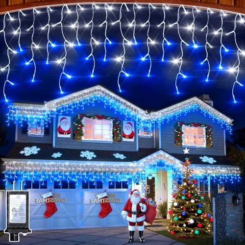 1620 LED 164FT Christmas Lights,360 Drops Icicle Lights with 12 Modes - color: Blue & Cool White, size: 1620LED 164 FT with 360 Drops