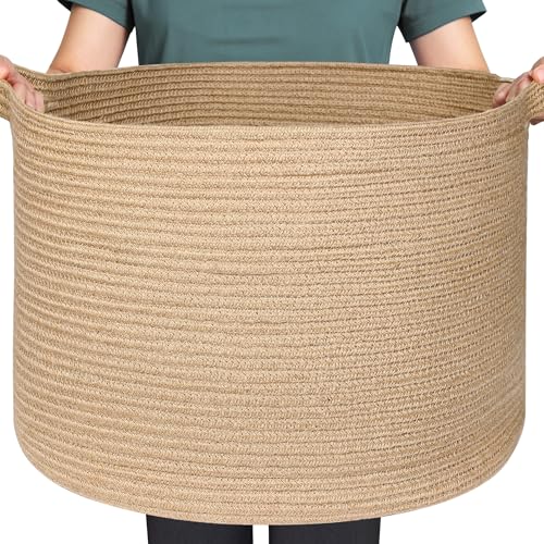 MEGASKET Large Wicker Storage Basket, 20" x 13" Jute Woven Blanket Storage for Living Room, Big Wicker Laundry Basket, Decorative Dog Toy Bin Box, Rustic Round Floor Bin for Towels, Pillows, Shoes - color: Jute, size: 20"D x 13"H