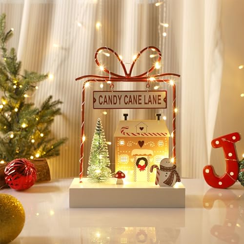 Christmas Tabletop Decoration, Wooden Lighted Decorations, Battery Operated Christmas Indoor Table Decorations (Candy Cane Lane & Giftbox) - style: Candy Cane Lane & Gift Box
