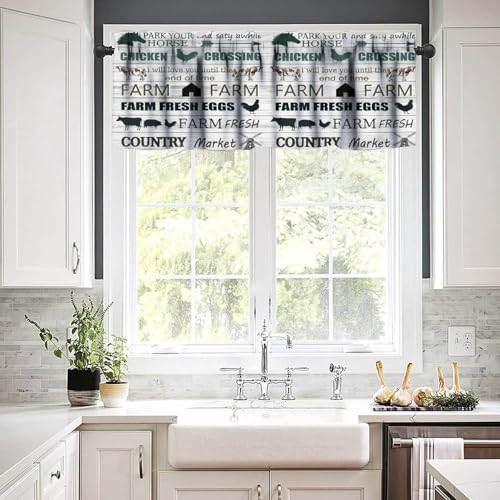 Farmhouse Valance Curtains for Kitchen, Retro Wood Texture Cow Pig Chicken Farm Animals Print Short Window Treatment Valances for Living Room Dinning Room, 54x18 Inch - color: Farm-4