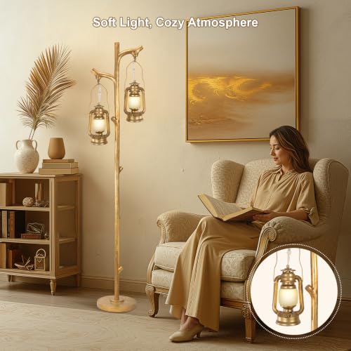 Scenekoy 68” Tall Gold Floor Lamp with Lanterns, Dimmable Brightness - color: Gold