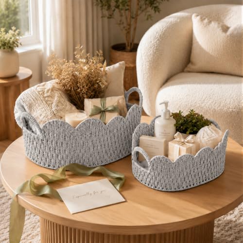 Endymion Set of 2 Paper Rope Scalloped Basket, Wicker Storage Baskets - color: Grey
