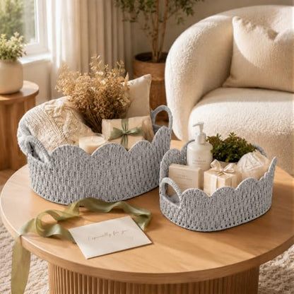 Endymion Set of 2 Paper Rope Scalloped Basket, Wicker Storage Baskets - color: Grey
