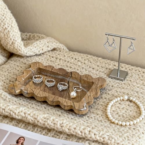 Natural Samll Marble Tray 6.3"x4.7",Rectangle Scalloped Tray for Women Home Décor (Rainforest Brown)
